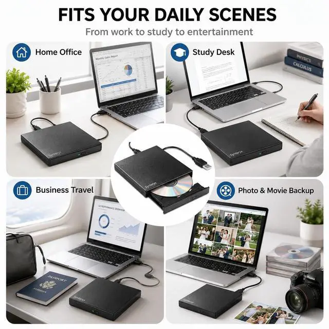 Alt view image 7 of 7 - External CD/DVD Drive for Laptop, USB-A & Type-C CD Burner Reader