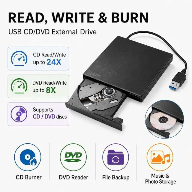 Alt view image 5 of 7 - External CD/DVD Drive for Laptop, USB-A & Type-C CD Burner Reader
