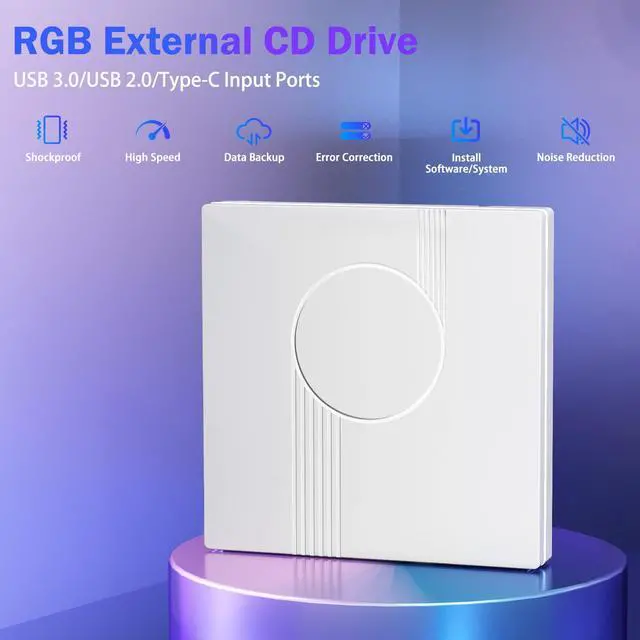 Alt view image 2 of 7 - External CD/DVD Drive for Laptop, RGB & USB 3.0 Type-C CD DVD Burner