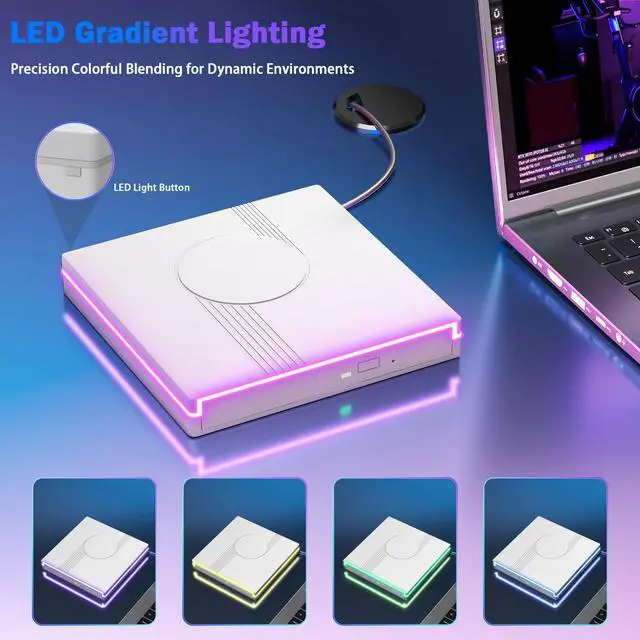 Alt view image 3 of 7 - External CD/DVD Drive for Laptop, RGB & USB 3.0 Type-C CD DVD Burner