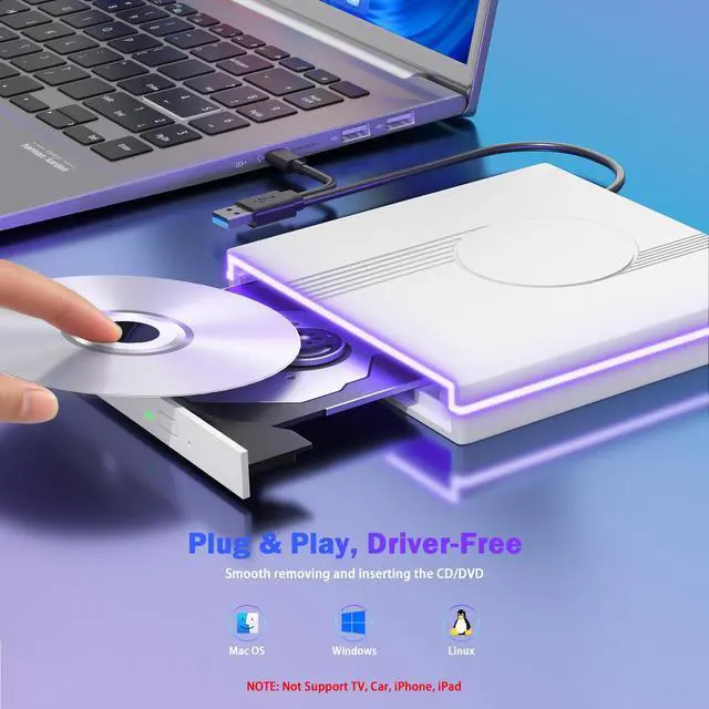 Alt view image 7 of 7 - External CD/DVD Drive for Laptop, RGB & USB 3.0 Type-C CD DVD Burner