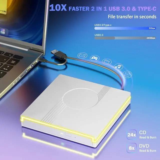 Alt view image 6 of 7 - External CD/DVD Drive for Laptop, RGB & USB 3.0 Type-C CD DVD Burner