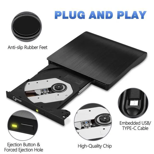 Alt view image 3 of 7 - External CD/DVD Drive for Laptop, Portable CD DVD Player, USB 3.0 C, Black