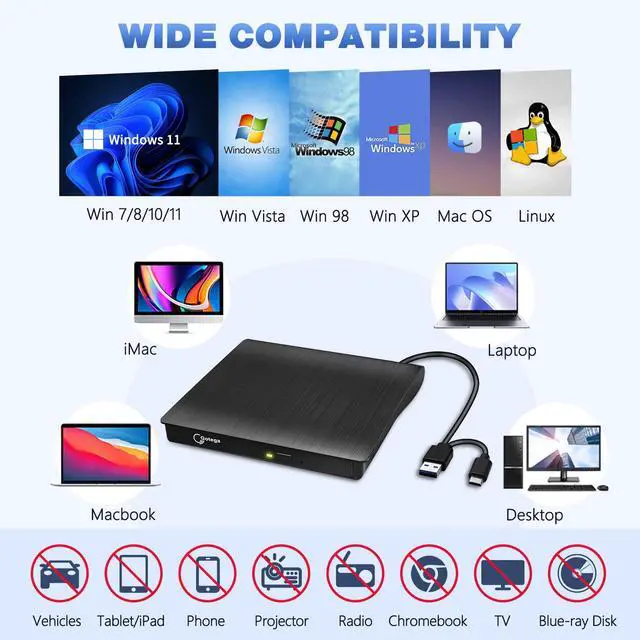 Alt view image 5 of 7 - External CD/DVD Drive for Laptop, Portable CD DVD Player, USB 3.0 C, Black