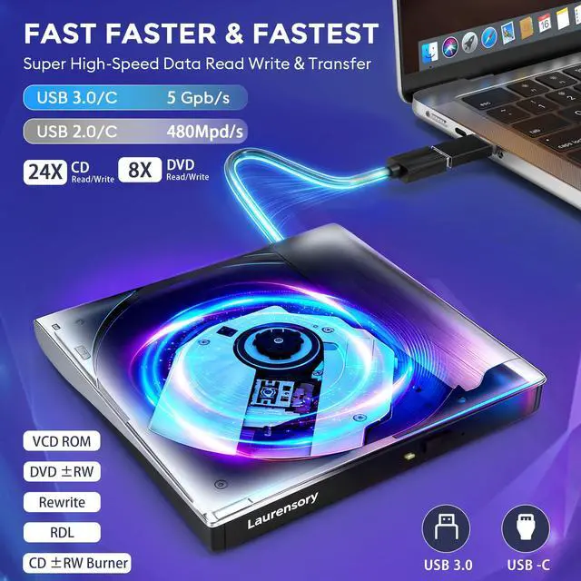 Alt view image 2 of 7 - External CD/DVD Drive for Laptop, CD Burner, DVD Player, USB 3.0 C, Sliver