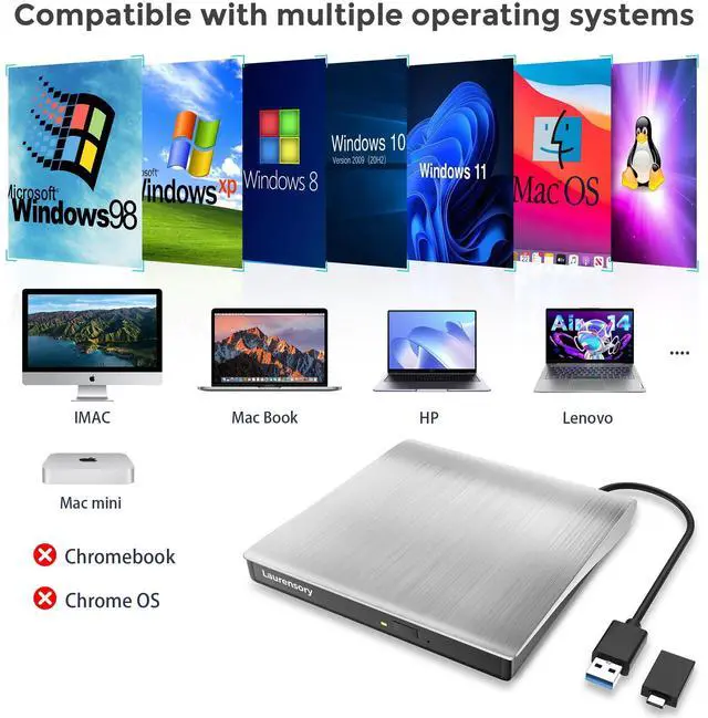 Alt view image 6 of 7 - External CD/DVD Drive for Laptop, CD Burner, DVD Player, USB 3.0 C, Sliver