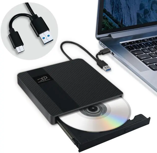 Main image of External CD/DVD Drive USB 3.0 & Type-C Slim Portable DVD Player+/-RW Disk Drive CD Burner Writer Reader CD ROM, for Laptop Desktop PC MacBook Mac Windows 11/10/8/7 Linux OS Apple