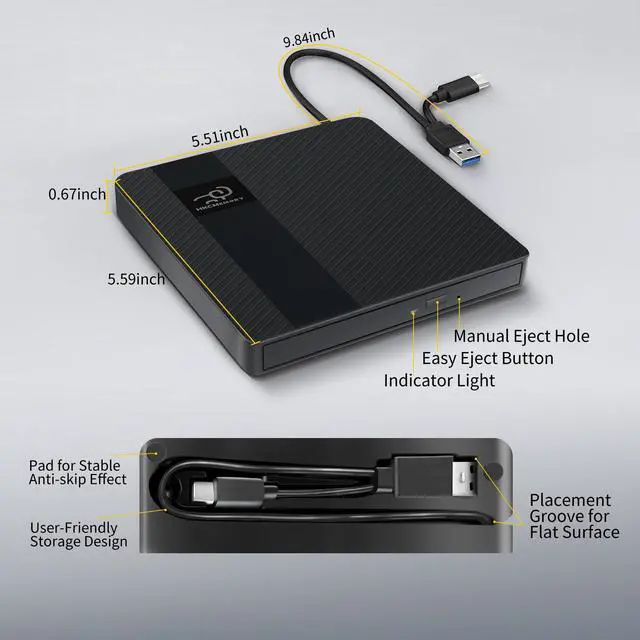 Alt view image 5 of 7 - External CD/DVD Drive USB 3.0 & Type-C Slim Portable DVD Player+/-RW Disk Drive CD Burner Writer Reader CD ROM, for Laptop Desktop PC MacBook Mac Windows 11/10/8/7 Linux OS Apple