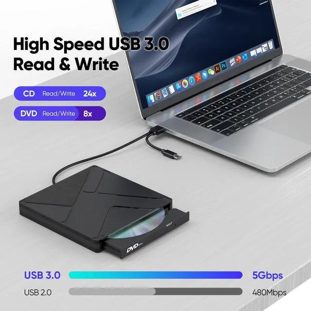 Alt view image 2 of 7 - DVD Burner for Laptop, External USB 3.0 & USB C CD/DVD Drive Player Reader