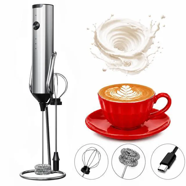 Main image of Handheld Milk Frother Wand Rechargeable with Stand - Stainless Steel Double Whisk Milk Frother Handheld -Coffee Stirrers Electric Drink Mixer - Coffee Frother (Silver)