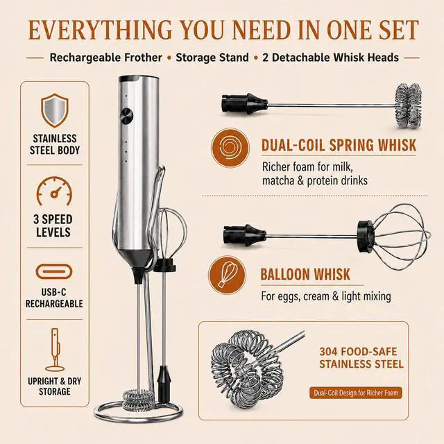 Alt view image 2 of 6 - Handheld Milk Frother Wand Rechargeable with Stand - Stainless Steel Double Whisk Milk Frother Handheld -Coffee Stirrers Electric Drink Mixer - Coffee Frother (Silver)