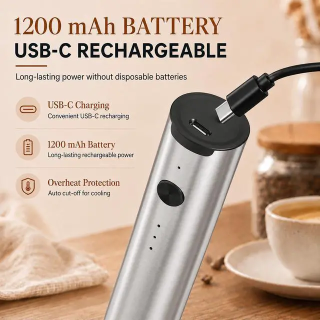 Alt view image 5 of 6 - Handheld Milk Frother Wand Rechargeable with Stand - Stainless Steel Double Whisk Milk Frother Handheld -Coffee Stirrers Electric Drink Mixer - Coffee Frother (Silver)