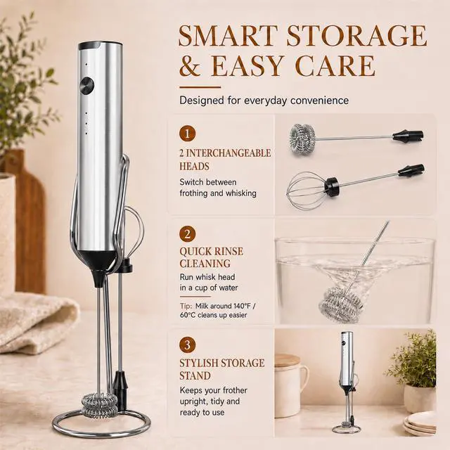 Alt view image 6 of 6 - Handheld Milk Frother Wand Rechargeable with Stand - Stainless Steel Double Whisk Milk Frother Handheld -Coffee Stirrers Electric Drink Mixer - Coffee Frother (Silver)