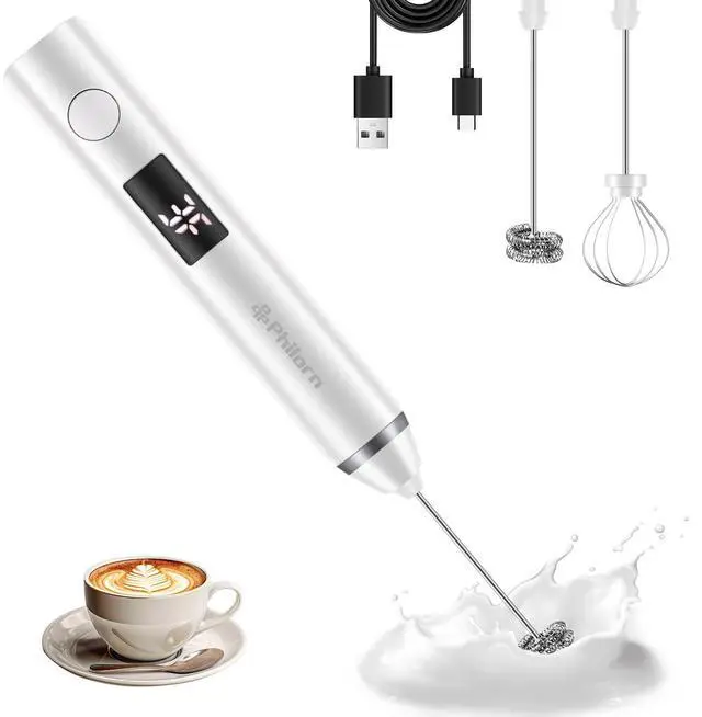 Main image of Milk Frother Wand Handheld Rechargeable Electric Whisk Coffee Drink Mixer, Mini Foamer for Lattes, Cappuccino, Frappe, Matcha, Hot Chocolate, Protein Powder, Keto Diet (White 2 Heads)