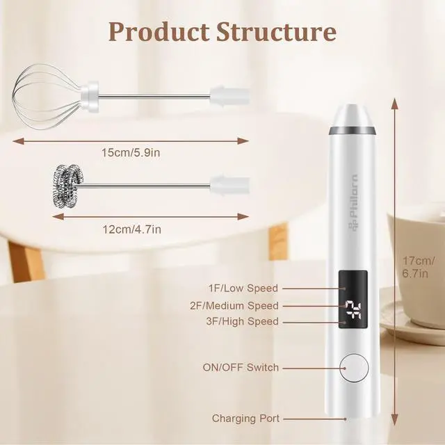 Alt view image 2 of 7 - Milk Frother Wand Handheld Rechargeable Electric Whisk Coffee Drink Mixer, Mini Foamer for Lattes, Cappuccino, Frappe, Matcha, Hot Chocolate, Protein Powder, Keto Diet (White 2 Heads)