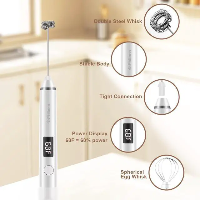 Alt view image 3 of 7 - Milk Frother Wand Handheld Rechargeable Electric Whisk Coffee Drink Mixer, Mini Foamer for Lattes, Cappuccino, Frappe, Matcha, Hot Chocolate, Protein Powder, Keto Diet (White 2 Heads)