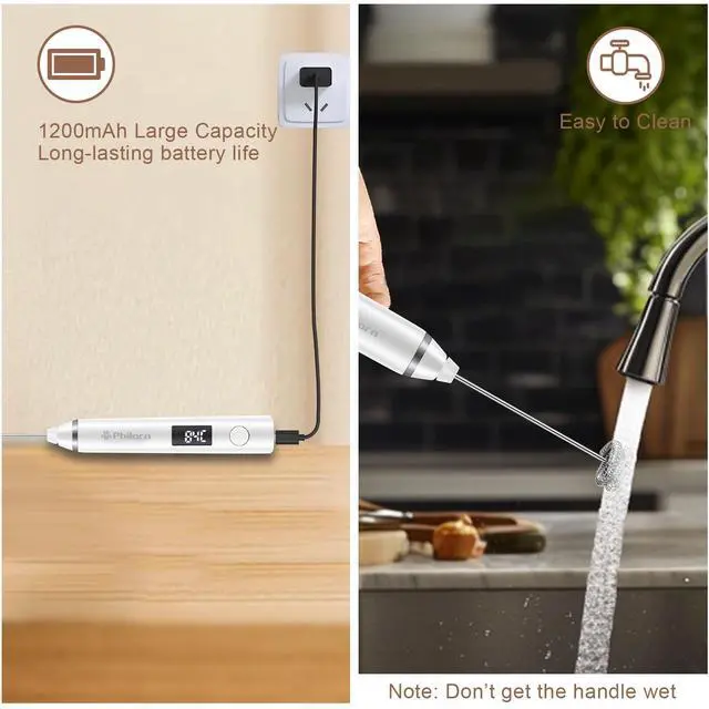 Alt view image 5 of 7 - Milk Frother Wand Handheld Rechargeable Electric Whisk Coffee Drink Mixer, Mini Foamer for Lattes, Cappuccino, Frappe, Matcha, Hot Chocolate, Protein Powder, Keto Diet (White 2 Heads)