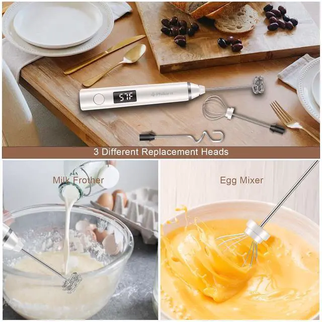 Alt view image 6 of 7 - Milk Frother Wand Handheld Rechargeable Electric Whisk Coffee Drink Mixer, Mini Foamer for Lattes, Cappuccino, Frappe, Matcha, Hot Chocolate, Protein Powder, Keto Diet (White 2 Heads)