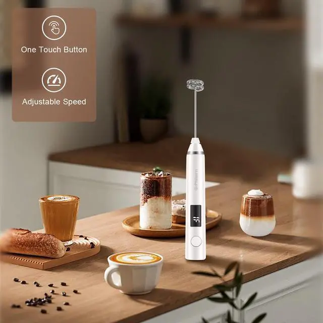 Alt view image 7 of 7 - Milk Frother Wand Handheld Rechargeable Electric Whisk Coffee Drink Mixer, Mini Foamer for Lattes, Cappuccino, Frappe, Matcha, Hot Chocolate, Protein Powder, Keto Diet (White 2 Heads)