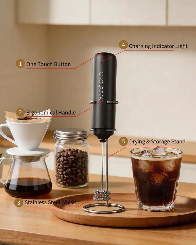 Alt view image 7 of 7 - Rechargeable Milk Frother Hanheld with Stand, Dual Coil Whisk Head Electric Coffee Frother, Portable Hand Frother Wand Drink Mixer for Matcha Lattes Cappuccino, Kitchen Gifts, Black