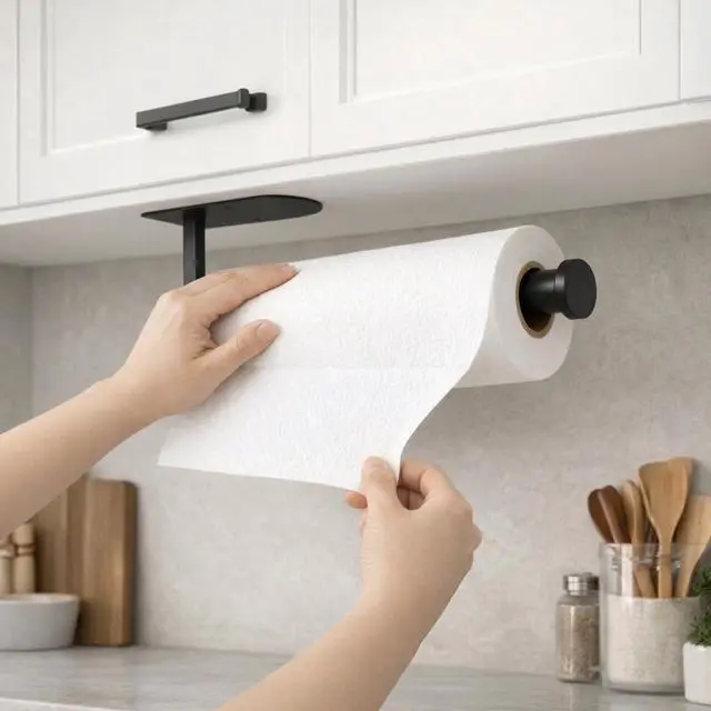 Main image of Paper Towel Holder Under Cabinet, Self Adhesive or Screw Mount, Fits Most Standard US Paper Towel Rolls, SUS304 Stainless Steel, Black
