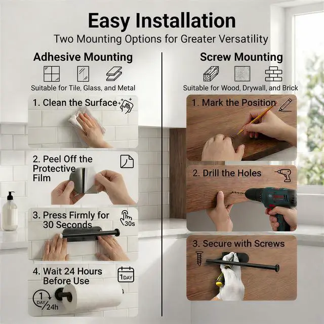 Alt view image 3 of 7 - Paper Towel Holder Under Cabinet, Self Adhesive or Screw Mount, Fits Most Standard US Paper Towel Rolls, SUS304 Stainless Steel, Black