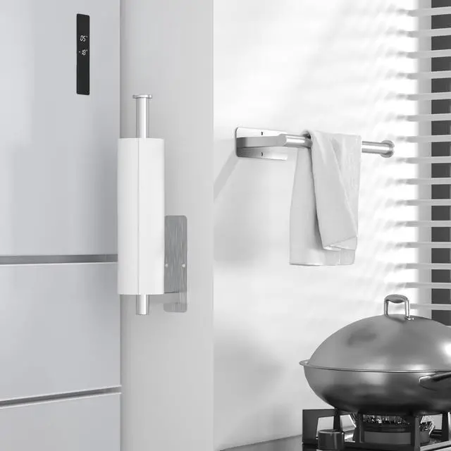 Alt view image 2 of 6 - Paper Towel Holder Under Cabinet No Drilling, Self Adhesive Paper Towel Holder Wall Mount for Kitchen Rack, Under Counter Napin Holder No Drill, RV, 304 Stainless Steel, Silver