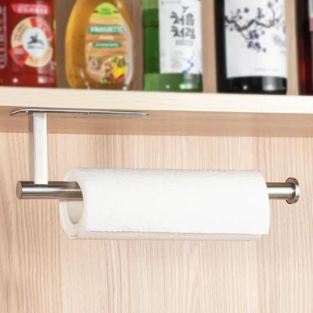 Alt view image 6 of 6 - Paper Towel Holder Under Cabinet No Drilling, Self Adhesive Paper Towel Holder Wall Mount for Kitchen Rack, Under Counter Napin Holder No Drill, RV, 304 Stainless Steel, Silver