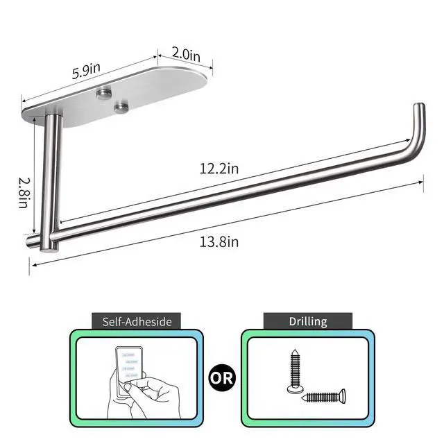 Alt view image 3 of 6 - Self Adhesive Paper Towel Holder Under Cabinet Mount, Wall Mounted Paper Towel Roll Holder for Kitchen, Bathroom, Wall - SUS304 Stainless Steel (Silver)