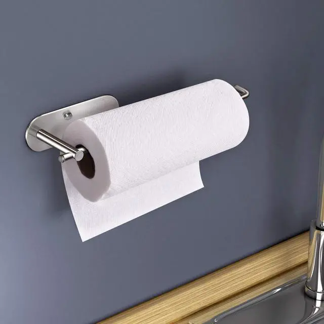 Alt view image 5 of 6 - Self Adhesive Paper Towel Holder Under Cabinet Mount, Wall Mounted Paper Towel Roll Holder for Kitchen, Bathroom, Wall - SUS304 Stainless Steel (Silver)