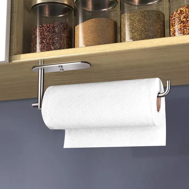 Alt view image 6 of 6 - Self Adhesive Paper Towel Holder Under Cabinet Mount, Wall Mounted Paper Towel Roll Holder for Kitchen, Bathroom, Wall - SUS304 Stainless Steel (Silver)