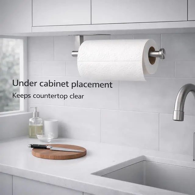 Alt view image 4 of 7 - Paper Towel Holder, Self Adhesive or Screw Mounting Mount, SUS304 Stainless Steel Paper Towel Holder Under Cabinet for Kitchen, Countertop, Cabinet, Bathroom