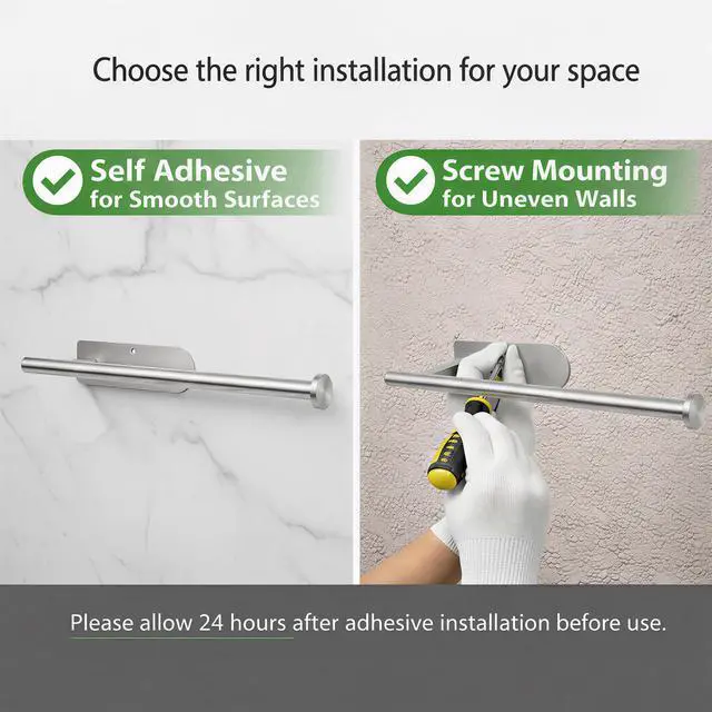 Alt view image 3 of 7 - Paper Towel Holder, Self Adhesive or Screw Mounting Mount, SUS304 Stainless Steel Paper Towel Holder Under Cabinet for Kitchen, Countertop, Cabinet, Bathroom