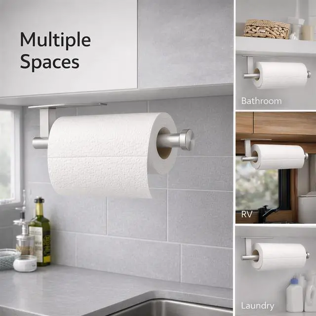 Alt view image 6 of 7 - Paper Towel Holder, Self Adhesive or Screw Mounting Mount, SUS304 Stainless Steel Paper Towel Holder Under Cabinet for Kitchen, Countertop, Cabinet, Bathroom