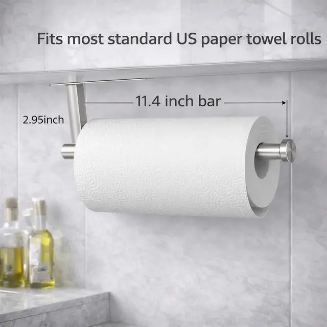 Alt view image 2 of 7 - Paper Towel Holder, Self Adhesive or Screw Mounting Mount, SUS304 Stainless Steel Paper Towel Holder Under Cabinet for Kitchen, Countertop, Cabinet, Bathroom