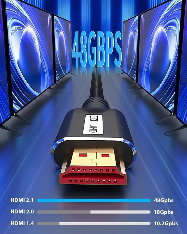 Alt view image 2 of 7 - 8K HDMI Cable 2.1 3.3FT, Ultra High Speed 48Gbps HDMI Cable Braided Cord, Supports 8K@60Hz4K@120Hz, 4K@144Hz, HDR 10, eARC Compatible with Dolby PS5 Monitor HDTV