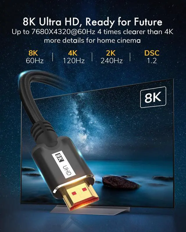 Alt view image 5 of 7 - 8K HDMI Cable 2.1 3.3FT, Ultra High Speed 48Gbps HDMI Cable Braided Cord, Supports 8K@60Hz4K@120Hz, 4K@144Hz, HDR 10, eARC Compatible with Dolby PS5 Monitor HDTV