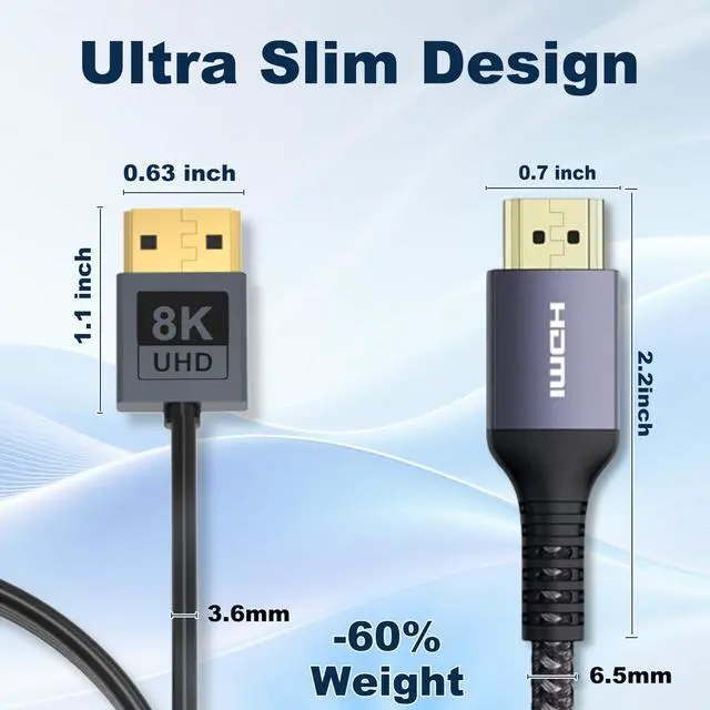 Alt view image 2 of 7 - Certified Ultra Thin 8K HDMI 2.1 Cable 3 FT/2 Pack, 8K@60Hz 4K@120Hz 48Gbps High Speed Slim Soft Low-Profile HDMI Cord, eARC, HDCP, Dolby, HDR10 for Gaming PS5 Xbox Apple HDTV Monitor Camera