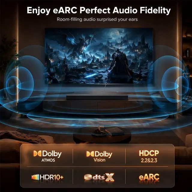 Alt view image 2 of 7 - 8K HDMI ARC/eARC Cable for Soundbar to TV 3.3FT, eARC HDMI Cable 2.1 48Gbps Ultra High Speed HDMI Cord Dolby Atmos 8K@60Hz, 4K@120Hz HDR 3D HDCP2.3&2.3 for Vizio Sono Samsung Bose Sound bar