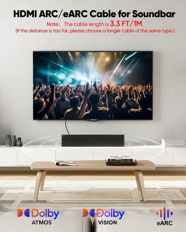 Alt view image 3 of 7 - 8K HDMI ARC/eARC Cable for Soundbar to TV 3.3FT, eARC HDMI Cable 2.1 48Gbps Ultra High Speed HDMI Cord Dolby Atmos 8K@60Hz, 4K@120Hz HDR 3D HDCP2.3&2.3 for Vizio Sono Samsung Bose Sound bar