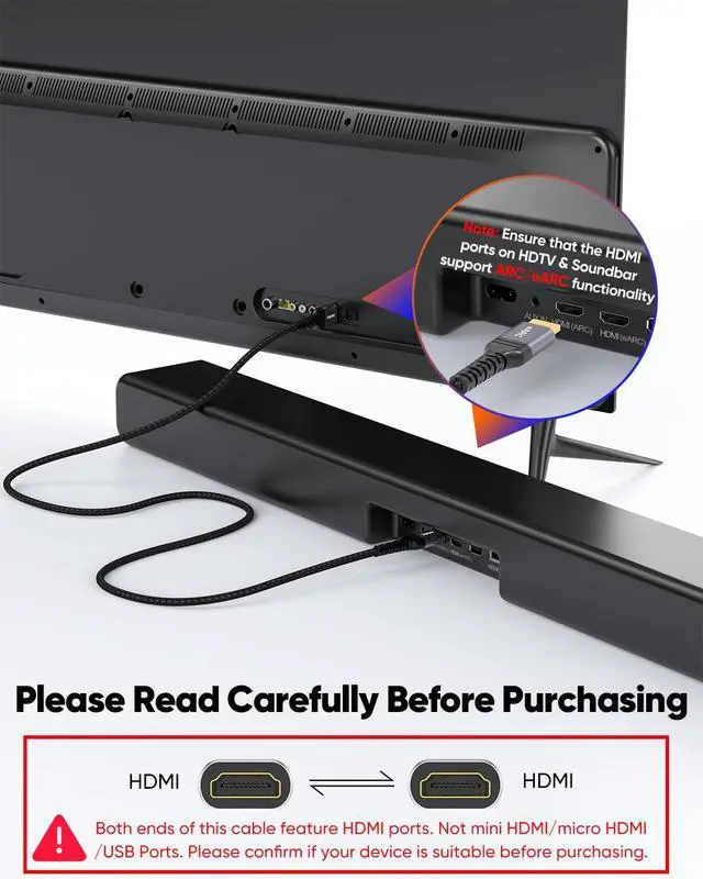 Alt view image 4 of 7 - 8K HDMI ARC/eARC Cable for Soundbar to TV 3.3FT, eARC HDMI Cable 2.1 48Gbps Ultra High Speed HDMI Cord Dolby Atmos 8K@60Hz, 4K@120Hz HDR 3D HDCP2.3&2.3 for Vizio Sono Samsung Bose Sound bar