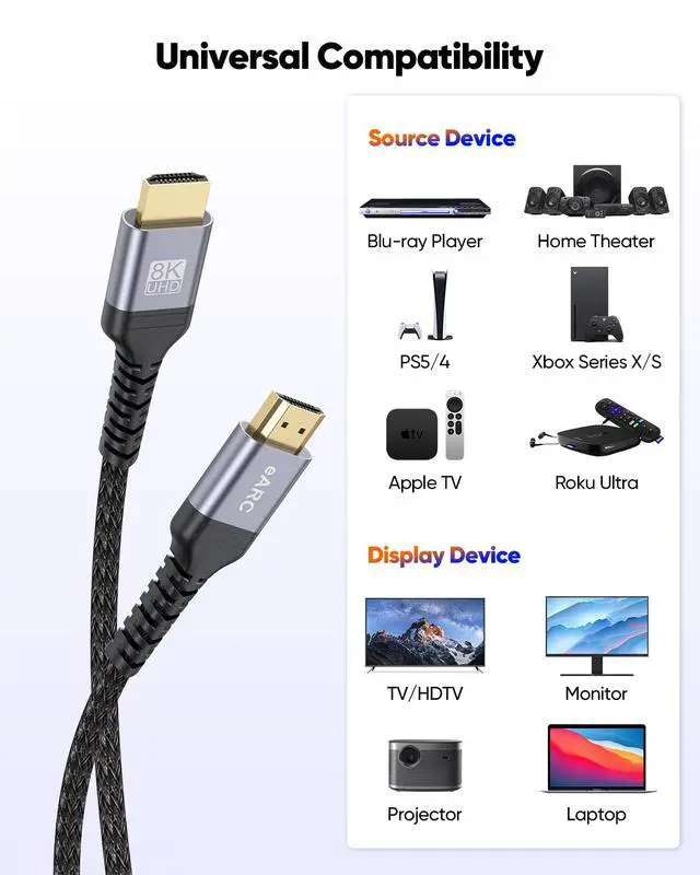 Alt view image 5 of 7 - 8K HDMI ARC/eARC Cable for Soundbar to TV 3.3FT, eARC HDMI Cable 2.1 48Gbps Ultra High Speed HDMI Cord Dolby Atmos 8K@60Hz, 4K@120Hz HDR 3D HDCP2.3&2.3 for Vizio Sono Samsung Bose Sound bar
