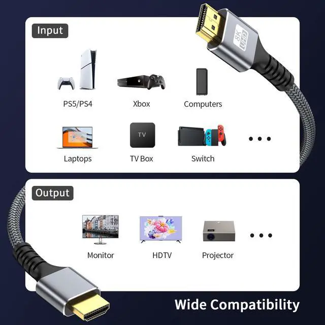 Alt view image 2 of 7 - 8k Hdmi Cable 6.6ft Ultra High Speed HDMI 2.1 Cable 8K@60HZ 4K@120HZ 48Gbps HDMI Cord for HDTV,PS4,PS5,Monitor Laptop,Xbox,HDCP 2.2&2.3 Support HDR,eARC,Dolby.(Silvery)