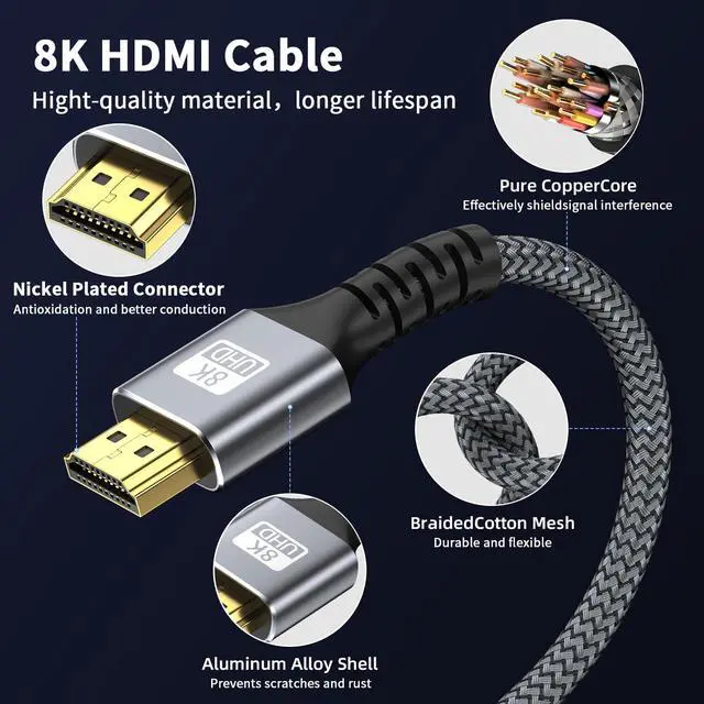 Alt view image 3 of 7 - 8k Hdmi Cable 6.6ft Ultra High Speed HDMI 2.1 Cable 8K@60HZ 4K@120HZ 48Gbps HDMI Cord for HDTV,PS4,PS5,Monitor Laptop,Xbox,HDCP 2.2&2.3 Support HDR,eARC,Dolby.(Silvery)