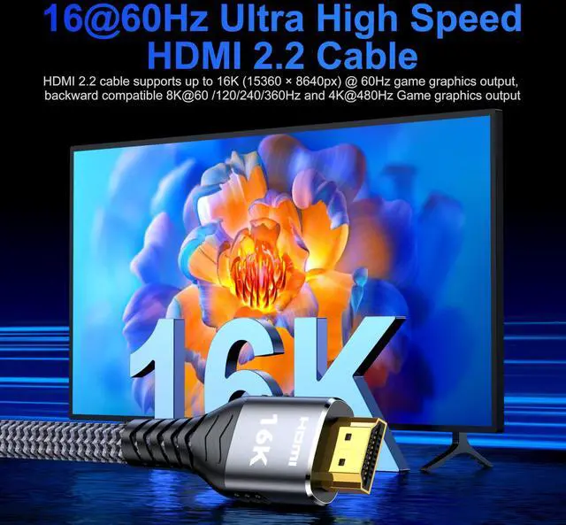 Alt view image 2 of 7 - 16K 8K 4K HDMI Cable 2.2 3.3ft, 96Gbps Ultra High Speed Braided HDMI 2.1 Cable, HDMI to HDMI Cable Supports 8K 4K 240Hz 144Hz 120Hz HDR eARC HDCP 2.2&2.3, Compatible HDTV Monitor Soundbar Xbox PS5/4