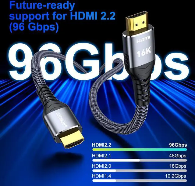 Alt view image 3 of 7 - 16K 8K 4K HDMI Cable 2.2 3.3ft, 96Gbps Ultra High Speed Braided HDMI 2.1 Cable, HDMI to HDMI Cable Supports 8K 4K 240Hz 144Hz 120Hz HDR eARC HDCP 2.2&2.3, Compatible HDTV Monitor Soundbar Xbox PS5/4