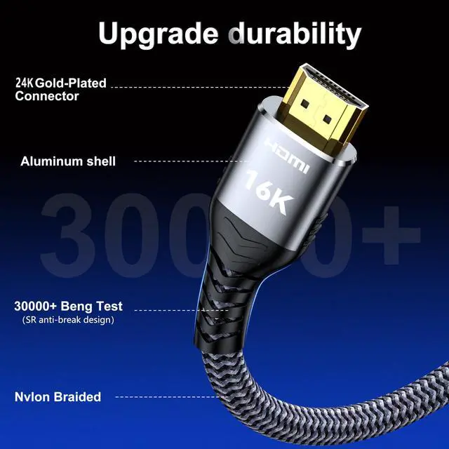 Alt view image 4 of 7 - 16K 8K 4K HDMI Cable 2.2 3.3ft, 96Gbps Ultra High Speed Braided HDMI 2.1 Cable, HDMI to HDMI Cable Supports 8K 4K 240Hz 144Hz 120Hz HDR eARC HDCP 2.2&2.3, Compatible HDTV Monitor Soundbar Xbox PS5/4