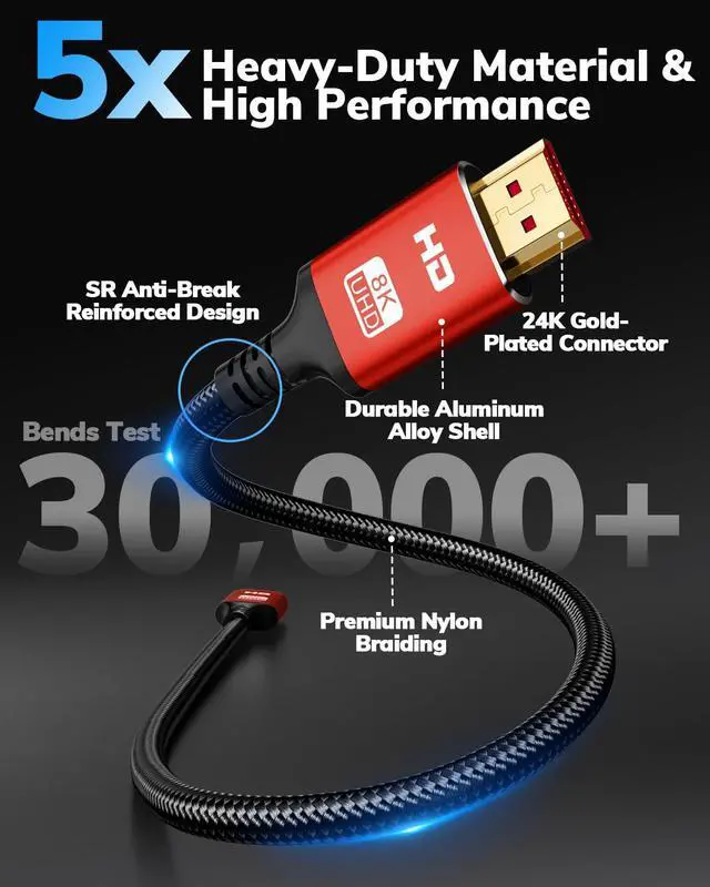 Alt view image 3 of 7 - 10K 8K 4K HDMI Cable 6FT 3-Pack, Ultra High Speed HDMI Braided Cord, Supports 4K/120Hz, 8K/60Hz, 48Gbps DTS:X, HDCP 2.2 & 2.3, HDR 10, HDMI 2.1 Cable