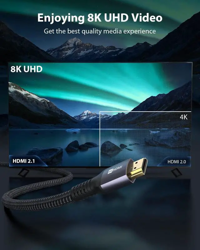 Alt view image 2 of 7 - 8K HDMI Cables 48Gbps Ultra High Speed, 10K 8K@60Hz 4K@120Hz 144Hz, HDCP 2.2&2.3 SBTM Dynamic HDR eARC Compatible with Apple TV 4K/Roku TV/PS5/Blu-ray (Grey, 6ft, 2Pack)