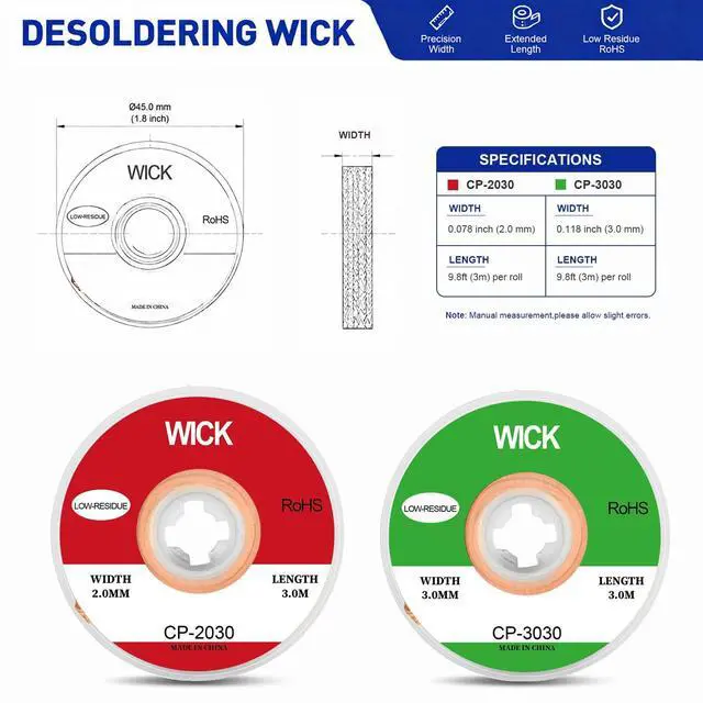 Alt view image 2 of 7 - 2 Pack 9.8ft Copper Solder Wick Braid, 0.08in & 0.12in Desoldering Wick